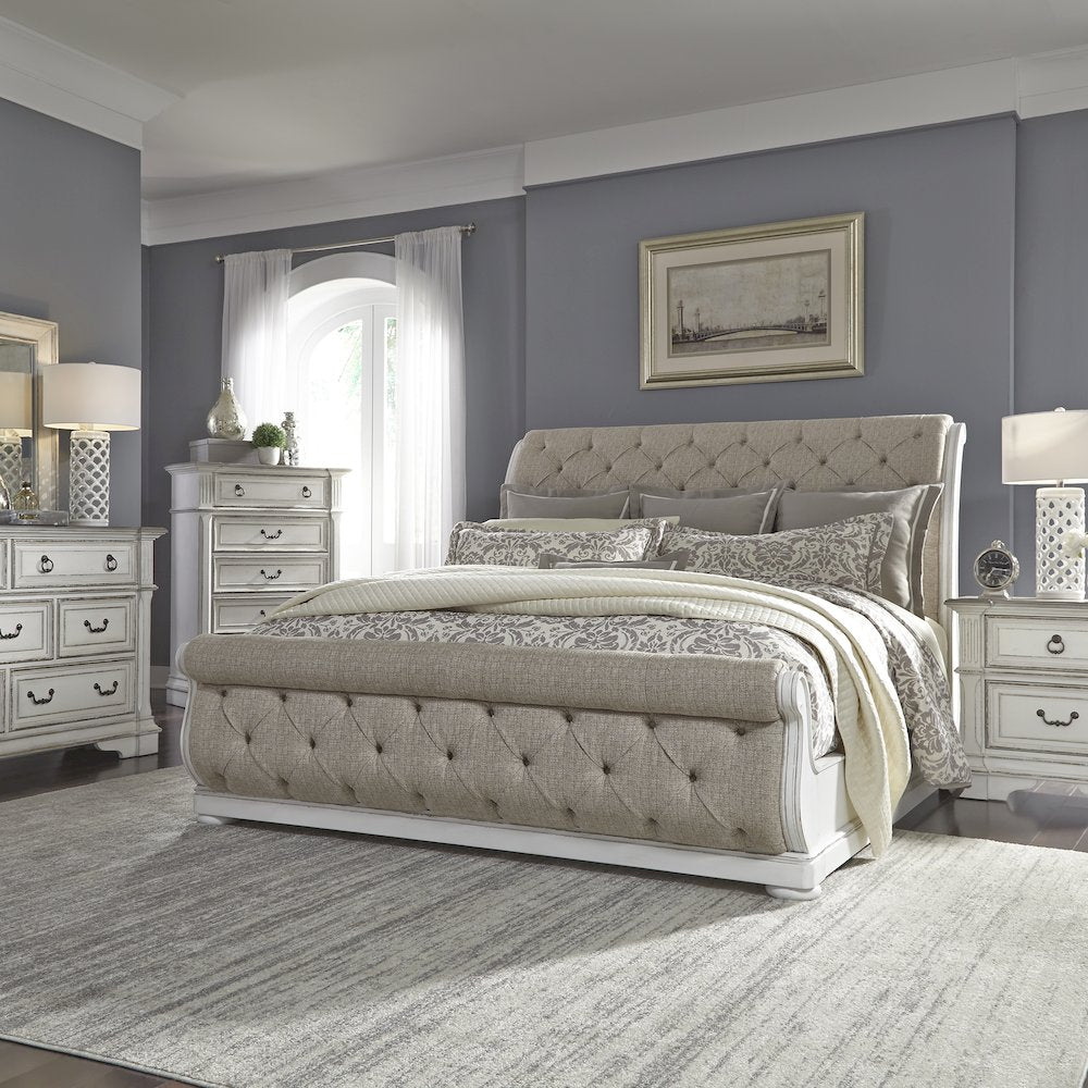 Abbey Park King Uph Sleigh Bed, Dresser & Mirror, Chest, Night Stand