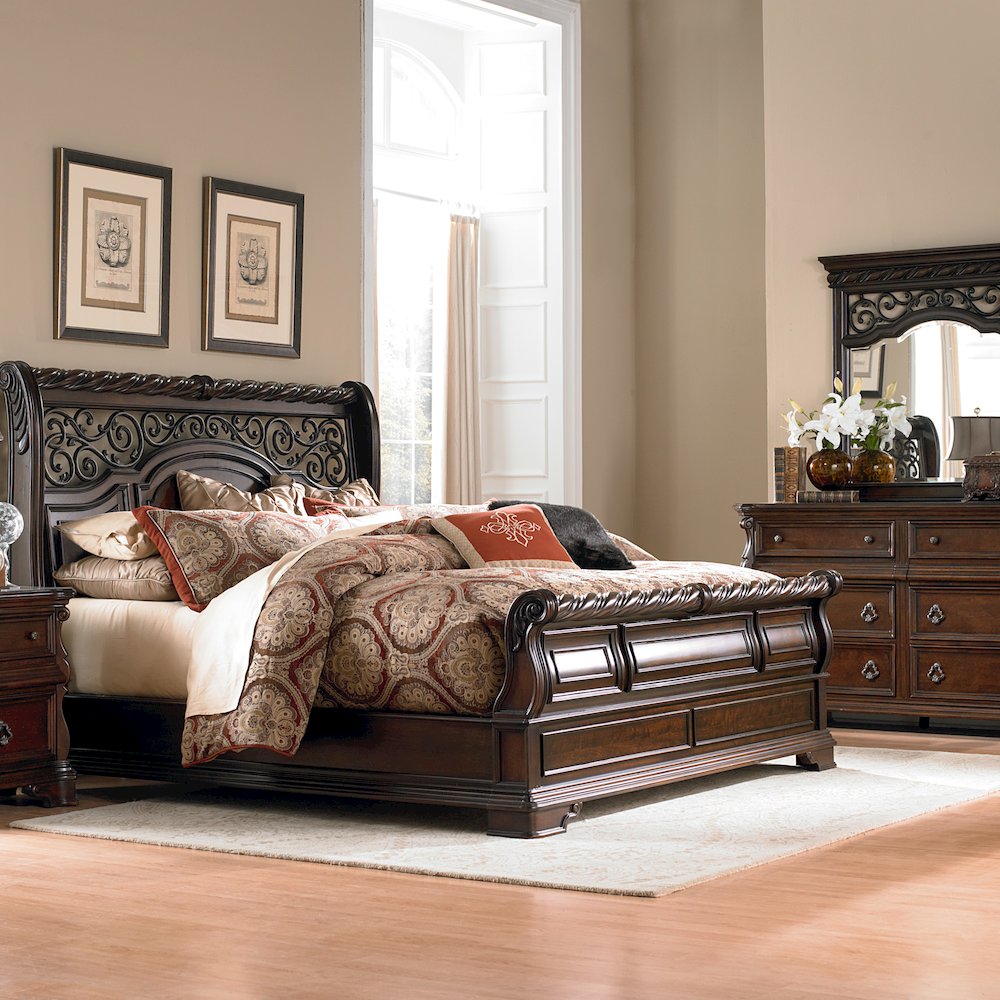 Arbor Place King California Sleigh Bed, Dresser & Mirror, Night Stand
