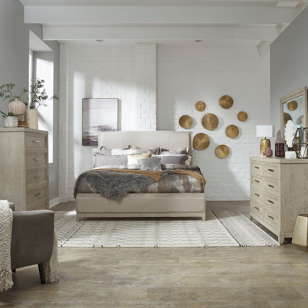 Belmar Queen Uph Bed, Dresser & Mirror, Chest
