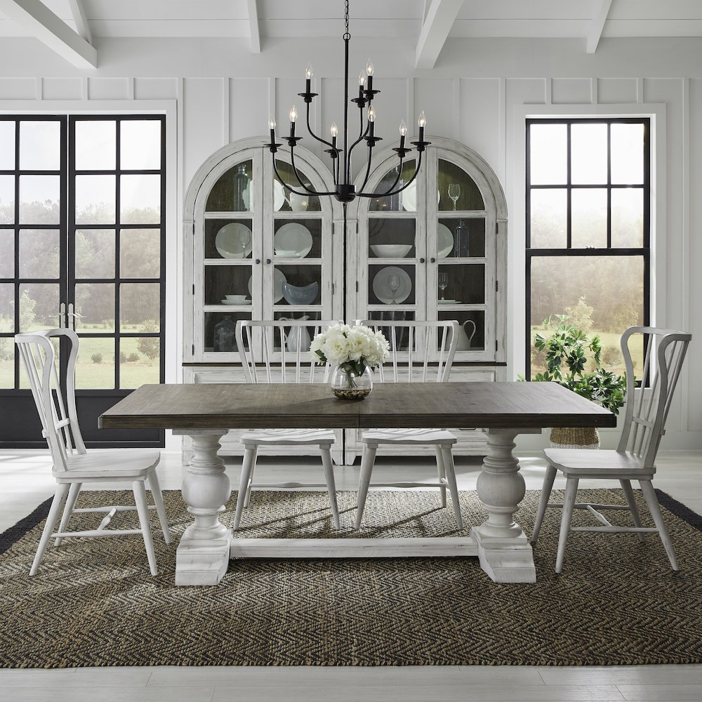 River Place River Place 5 Piece Trestle Table Set - Riverstone White & Tobacco