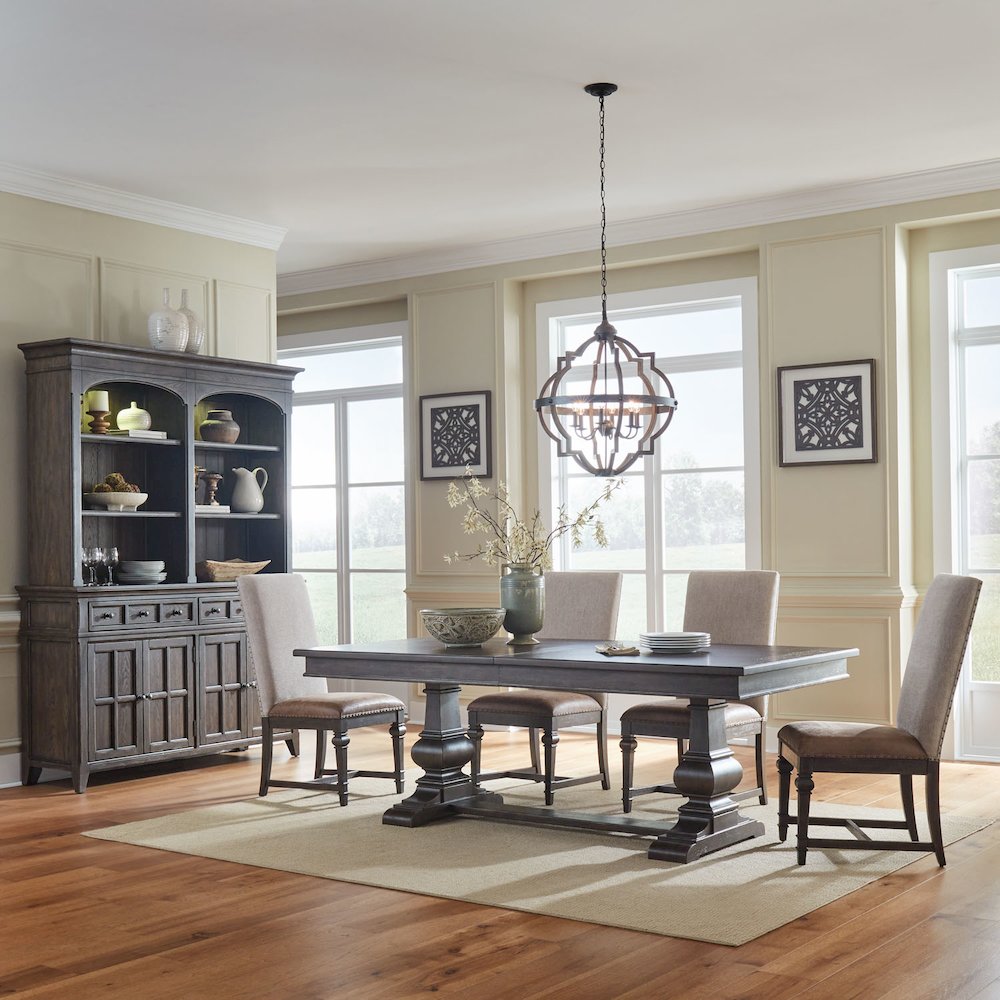 Paradise Valley Opt 5 Piece Trestle Table Set in Saddle Brown color