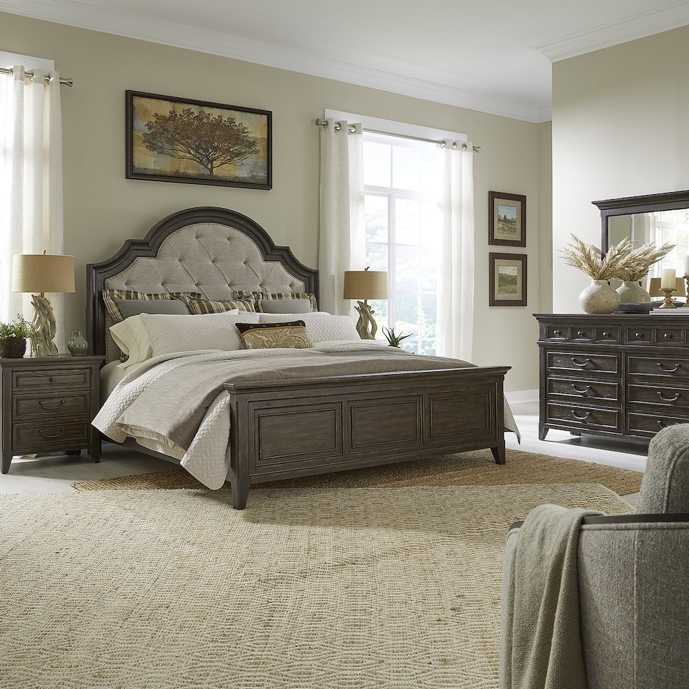 Queen Upholstered Bed, Dresser & Mirror, Night Stand - Saddle Brown