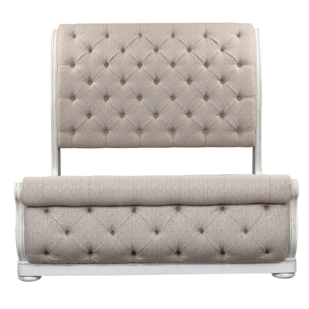 Magnolia Manor California King Upholstered Sleigh Bed, Dresser, Mirror - White