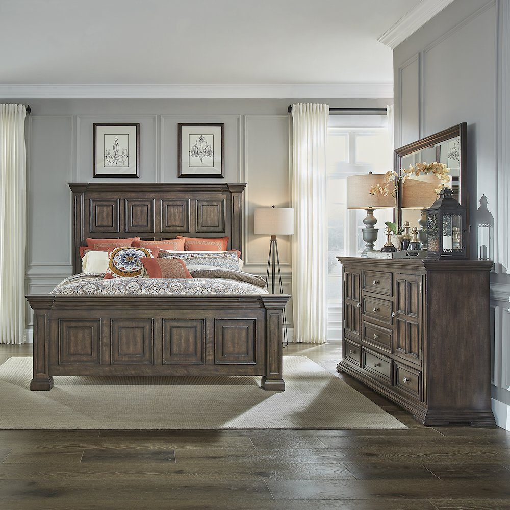 Big Valley Queen Panel Bed, Dresser & Mirror - Brownstone w/ Heavy Distressing