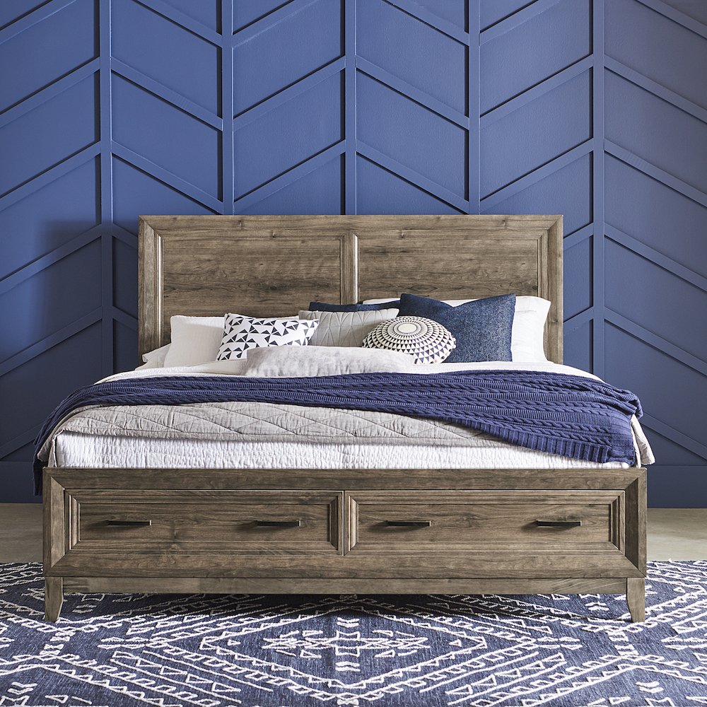 King Storage Bed, Dresser & Mirror in Rubberwood Solids w/ Paper Laminate