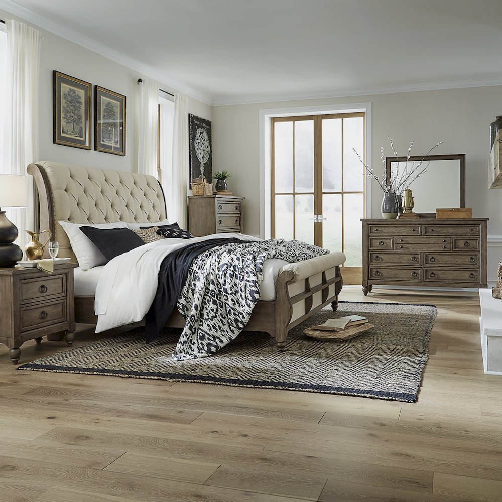 Americana Farmhouse Queen Sleigh Bed, Dresser & Mirror, Chest, N/S