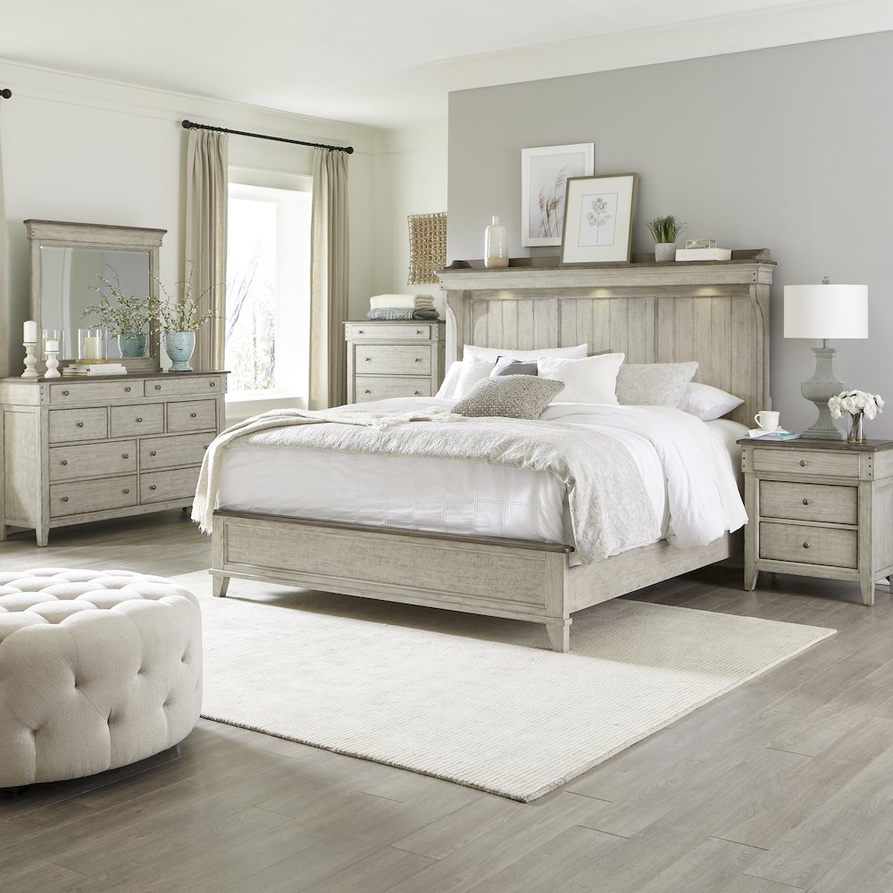 Ivy Hollow Queen Mantle Bed, Dresser & Mirror, Chest, Night Stand