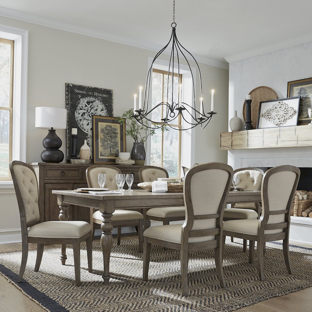 Americana Farmhouse Optional 7 Piece Leg Table Set in Dusty Taupe & Black color