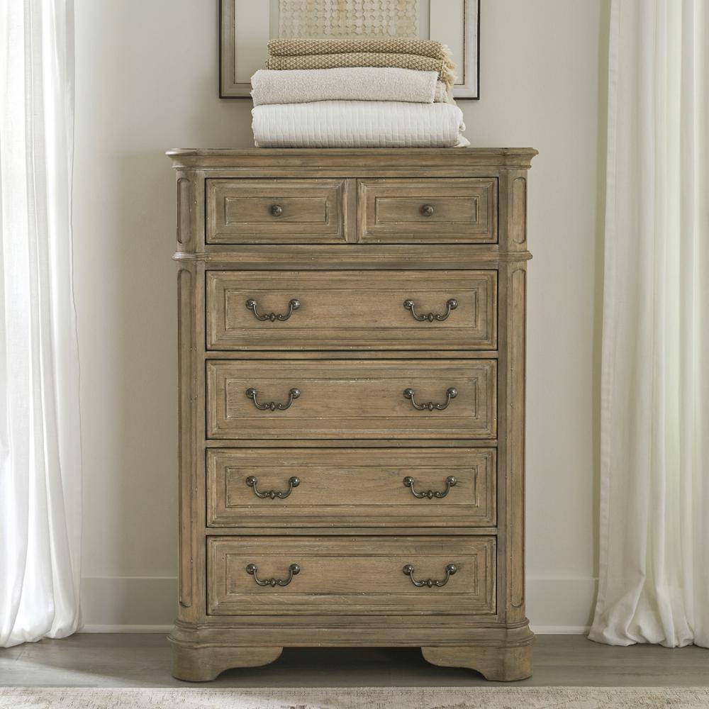 Queen Upholstered Bed, Dresser & Mirror, Chest, Night Stand - Weathered Bisque