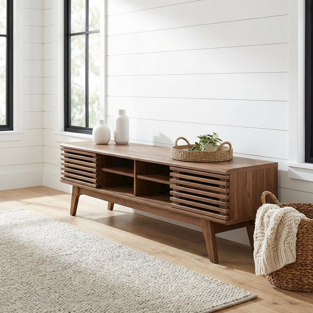 Brown wood entertainment center with spacious TV stand and sleek design