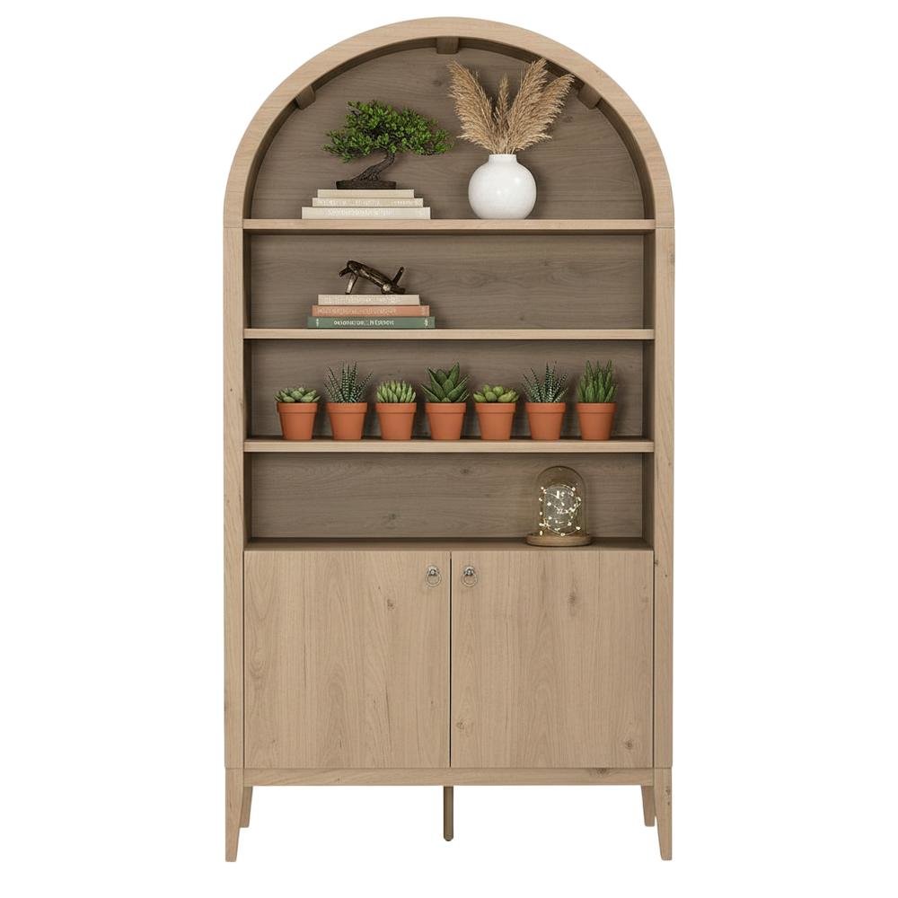 Brown display cabinet, arched design, engineered wood construction, versatile