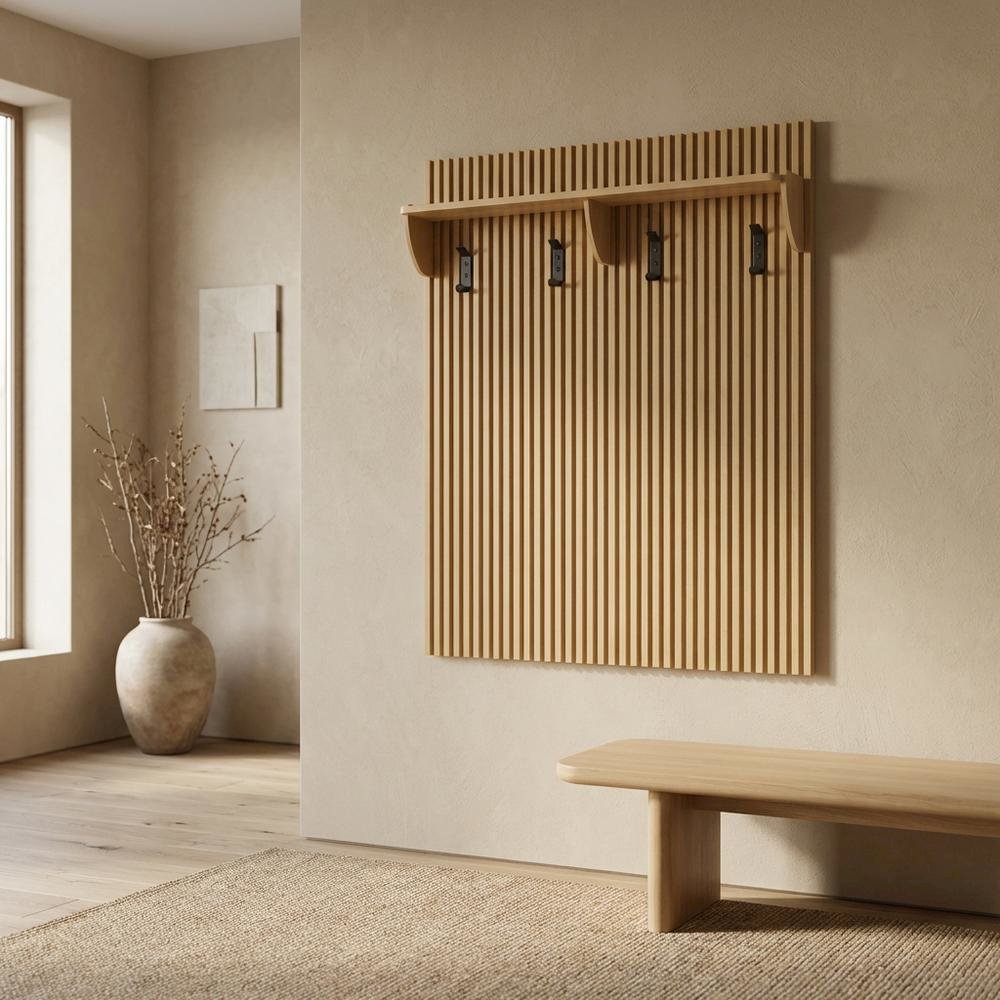 Brown Fluted Coat Rack Panel, Upper Shelf, Modern Entryway Hooks