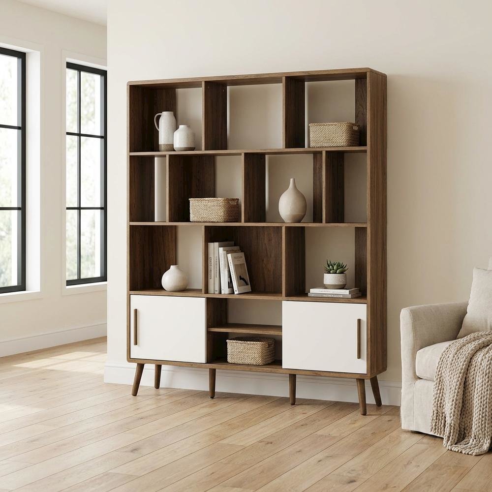 Wooden 59-Inch Bookcase with Sliding Doors for Elegant Storage