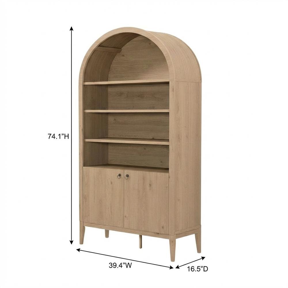 Brown display cabinet, arched design, engineered wood construction, versatile