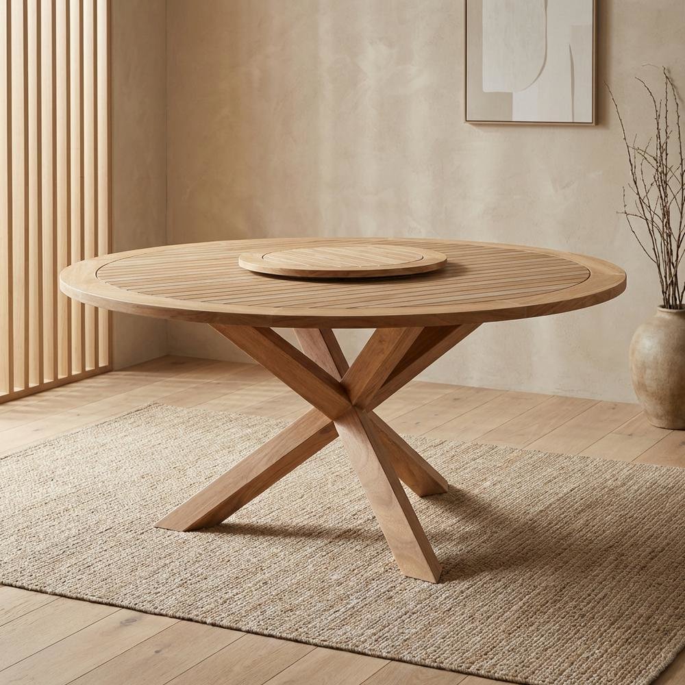 Natural Teak Outdoor Round Dining Table, Lazy Susan, Seats 6