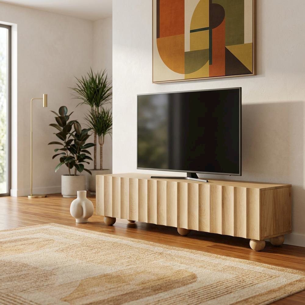 Scalloped Wood TV Stand in Warm Finish with Open Storage Compartments