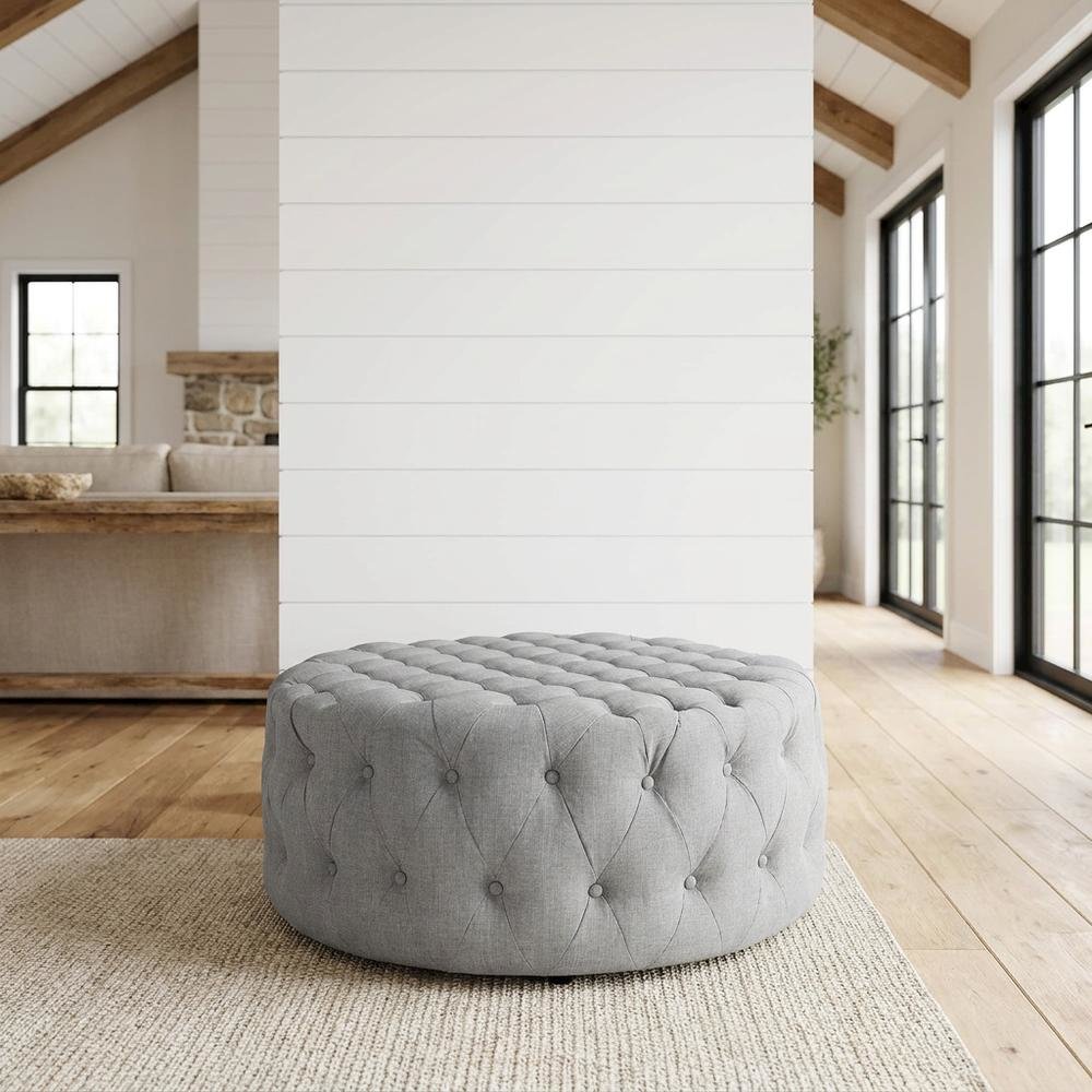 Light Gray Fabric Ottoman, Neutral Soft Upholstered Seat for Room