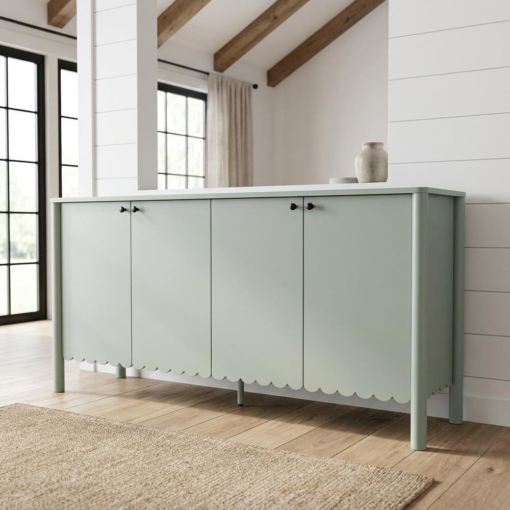 Wooden Scalloped 4-Door Sideboard Buffet Cabinet with Storage, Sage