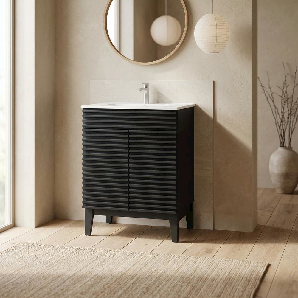 Black White 24-Inch Floor-Mount Bathroom Vanity with Ceramic Sink