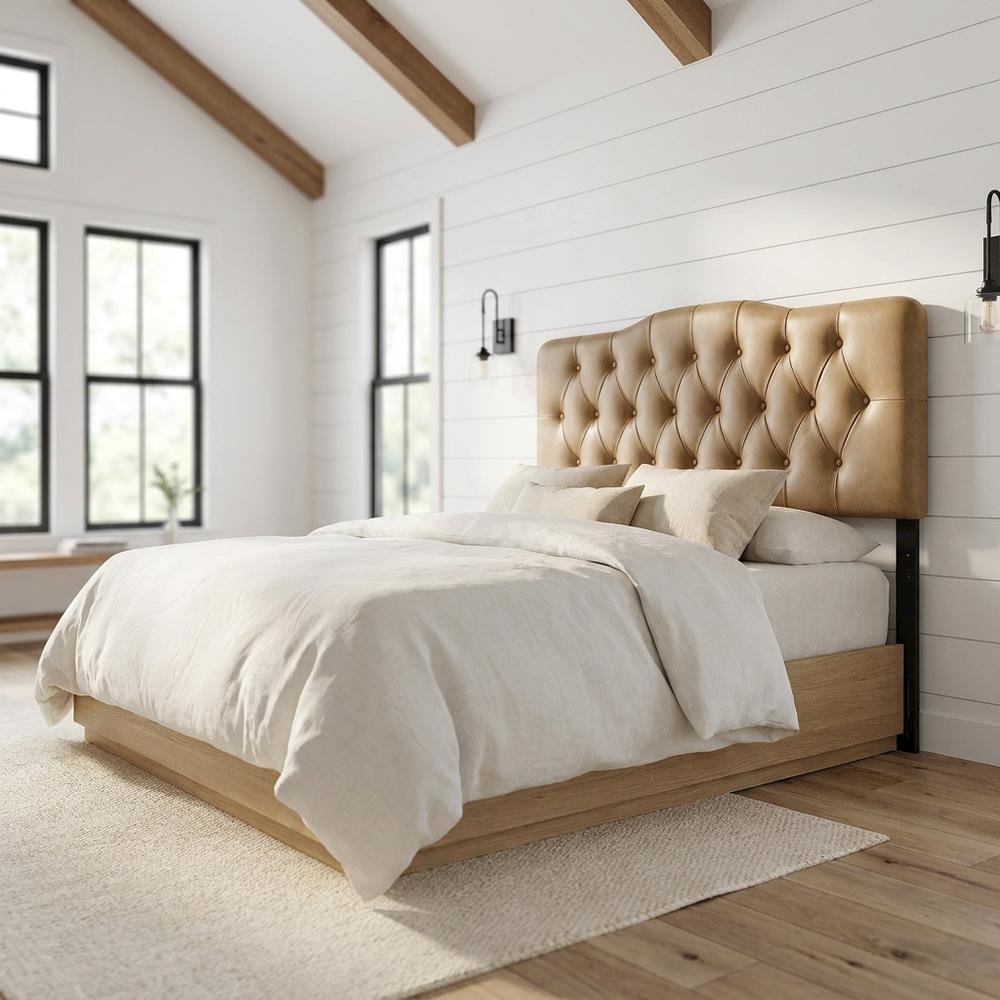 Faux Leather-Upholstered Queen Headboard with Tall Leg Posts, Queen ,Toast