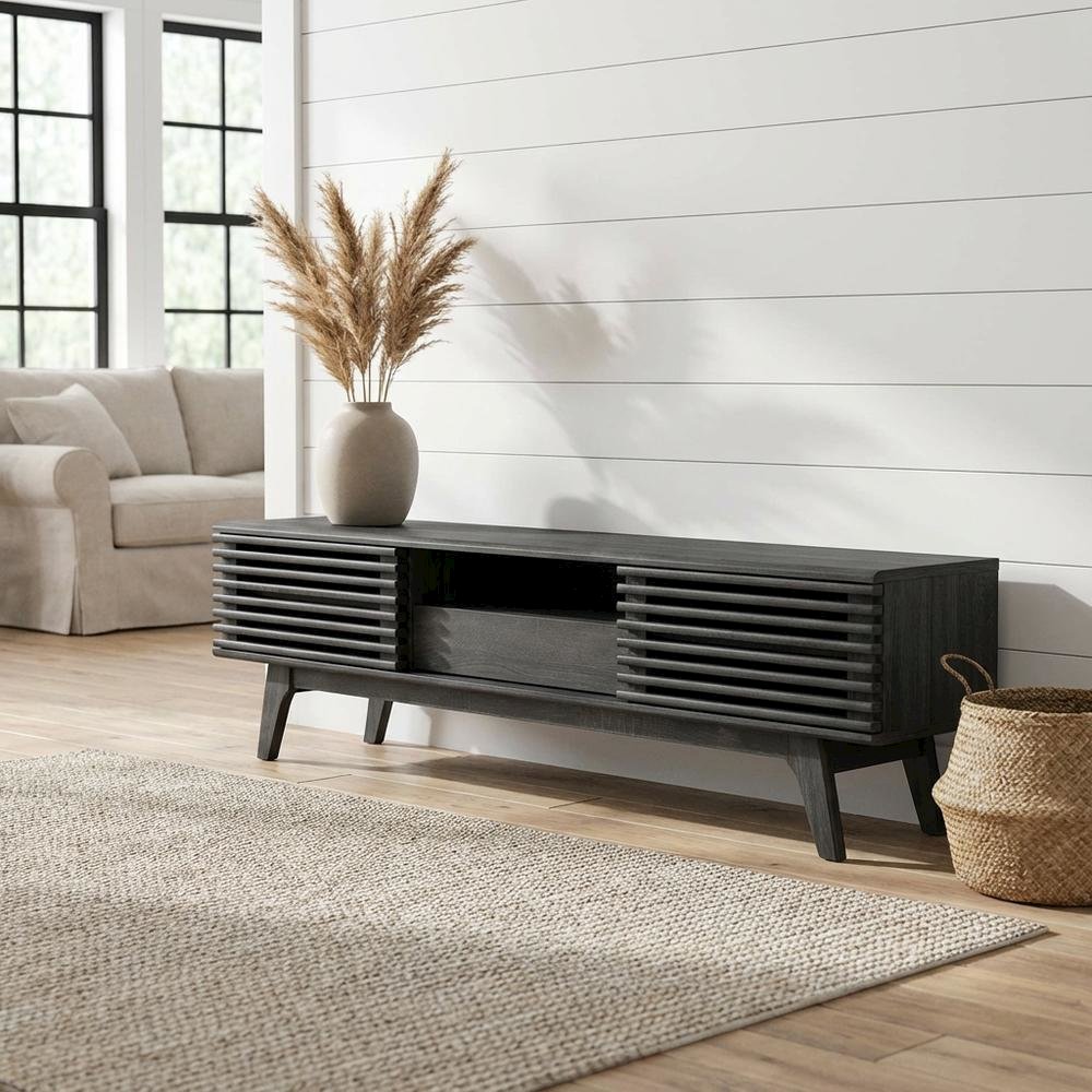 Gray wood TV stand with sleek design and spacious storage