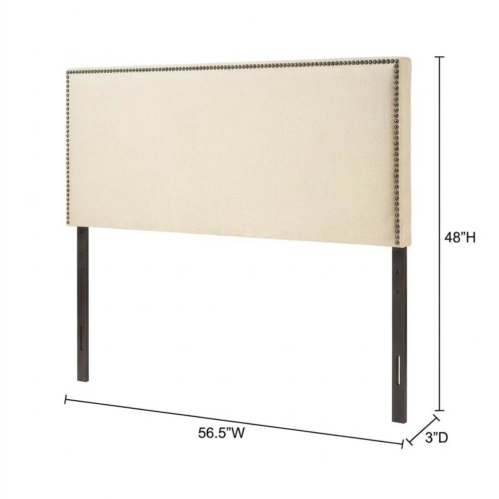Upholstered Full Headboard, Nailhead Trim in Neutral Fabric for Stylish Bedroom