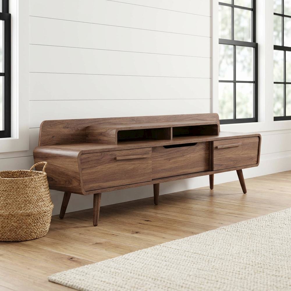 Brown wood TV stand with spacious surface and sturdy design