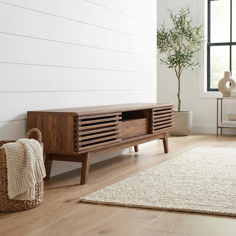 Brown wood TV stand with sleek design and ample storage space