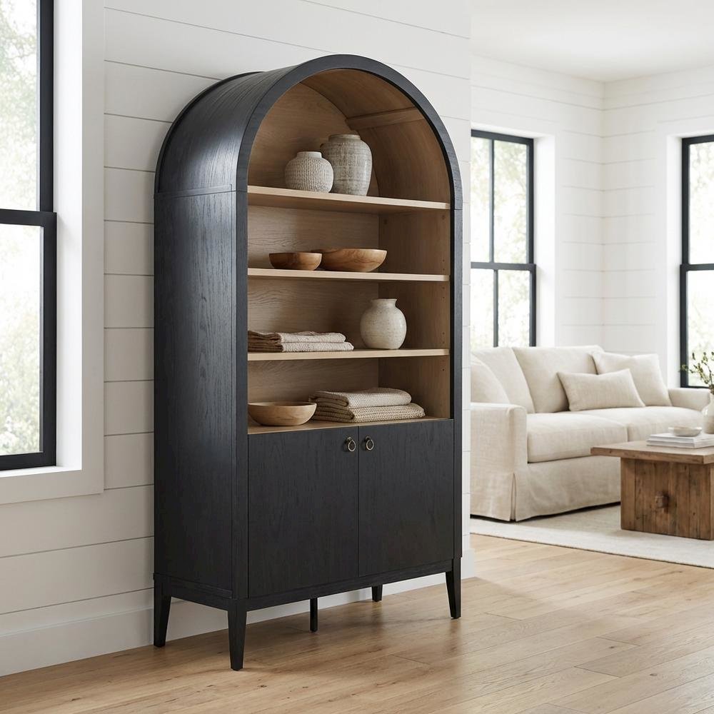Black tall storage display cabinet with arched design and spacious shelves