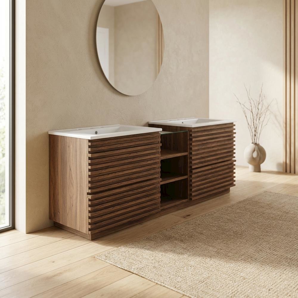 Walnut White 62-Inch Wall-Mount Double Sink Bathroom Vanity