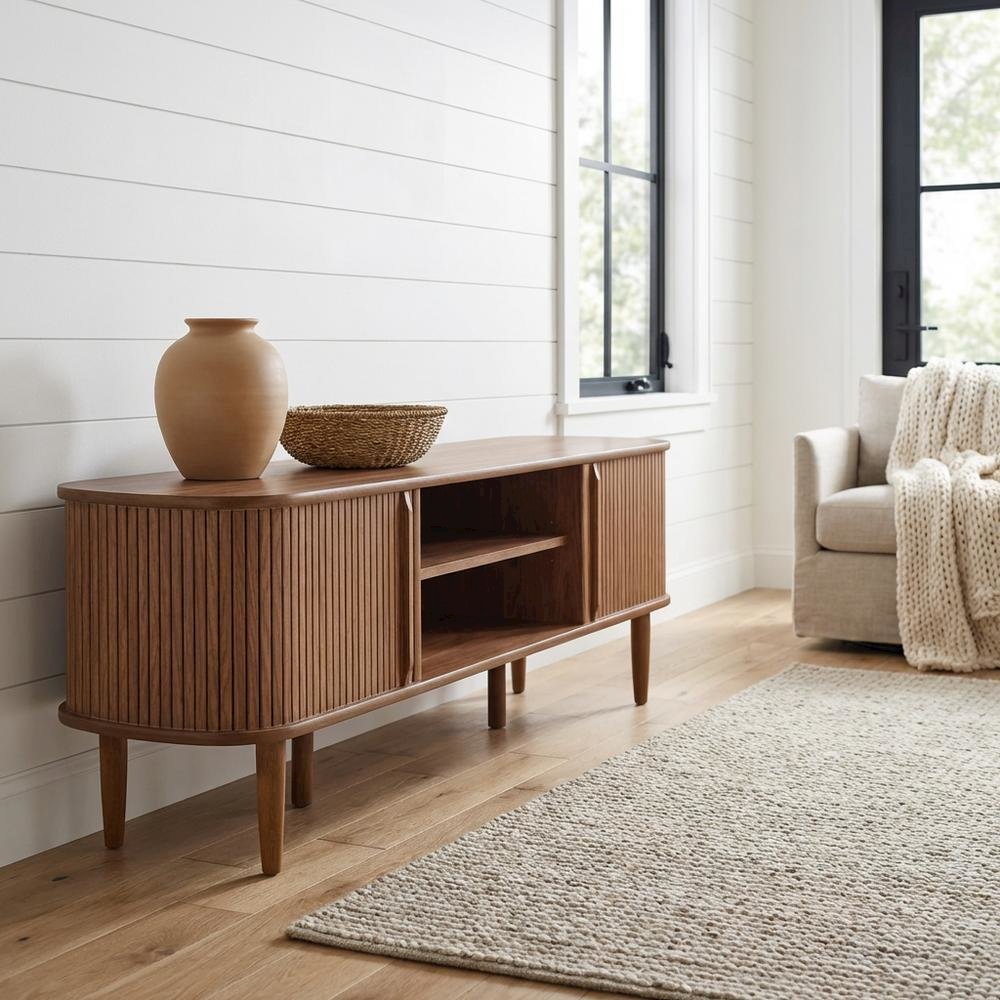 Brown wood TV stand with sleek design and sturdy construction