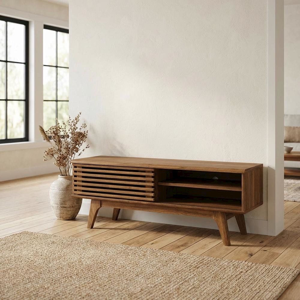 Wooden brown TV stand with 48-inch width and sleek design