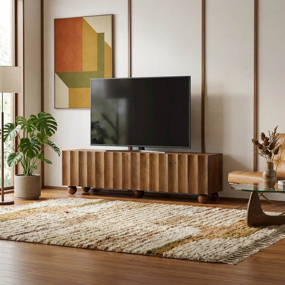 Scalloped Wood TV Stand in Neutral Finish with Spacious Storage