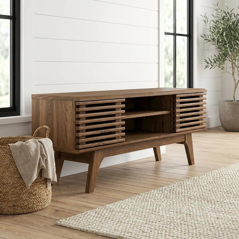 Wooden brown media console, 46-inch top, sturdy legs, modern living spaces