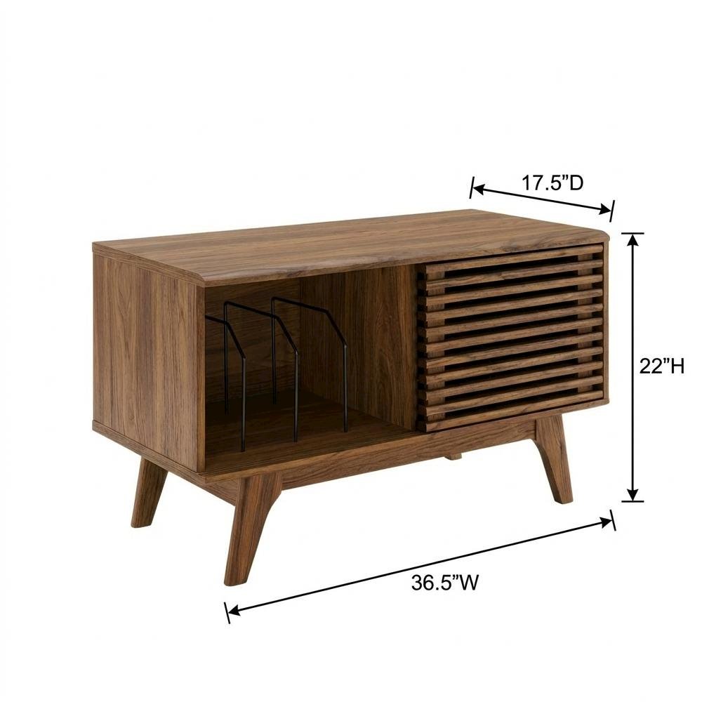 Wood vinyl record display stand in warm brown finish with spacious shelf