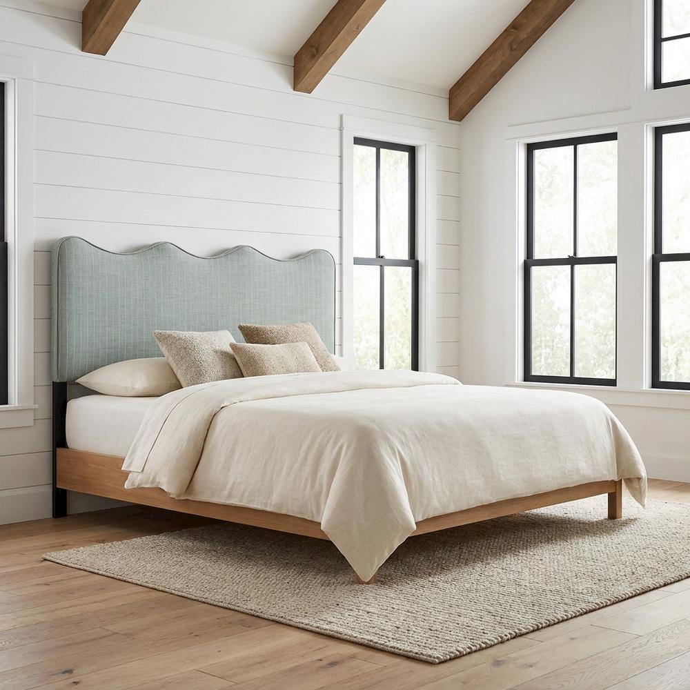 Striped Fabric King Headboard for Adjustable Bed with Storage, Spa Blue Stripe