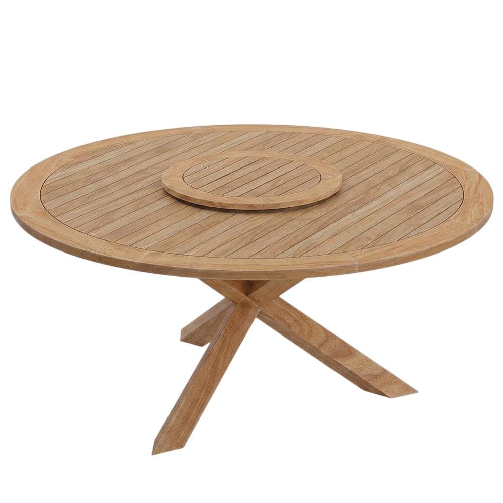 Natural Teak Outdoor Round Dining Table, Lazy Susan, Seats 6