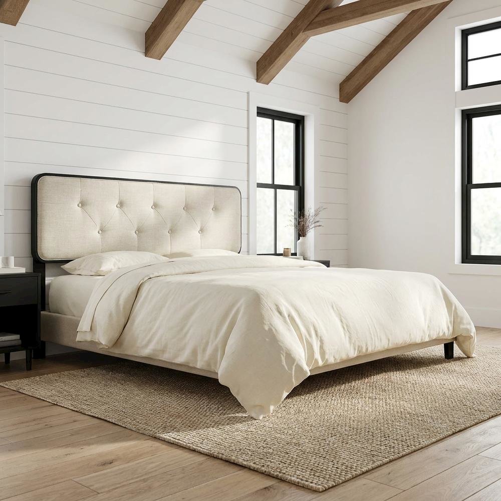 Fabric and Wood Button-Tufted King Headboard Only for Bed Frame, Black Beige