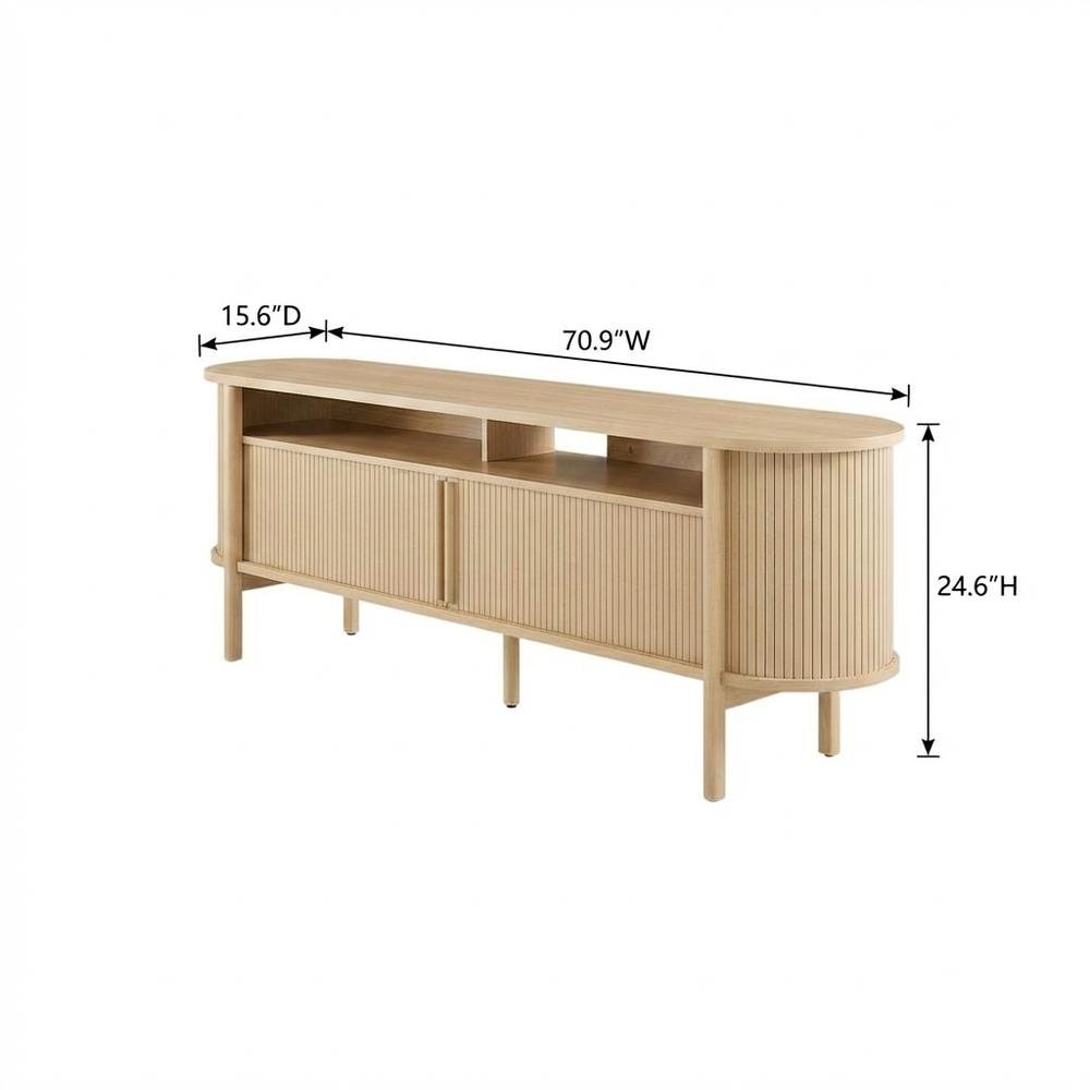Wooden TV stand with brown finish and curved design for living room decor