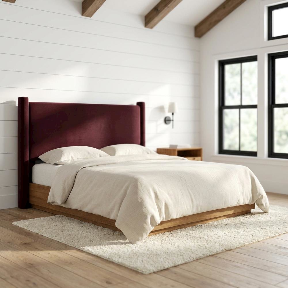 Performance Velvet Padded Headboard, Full Size Upholstered Bed Frame, Mulberry