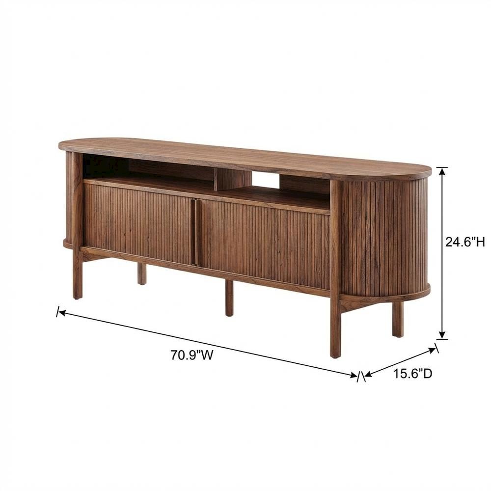 Curved TV Stand in Brown, Rubberwood Solids, Walnut Veneers, Stylish Storage