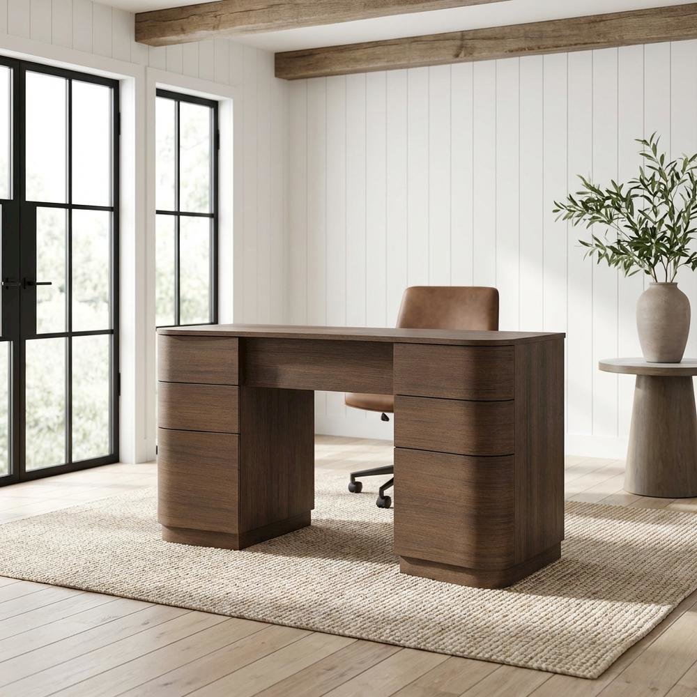 Dark Brown Curved Office Desk with 6 Drawers and Keyboard Shelf