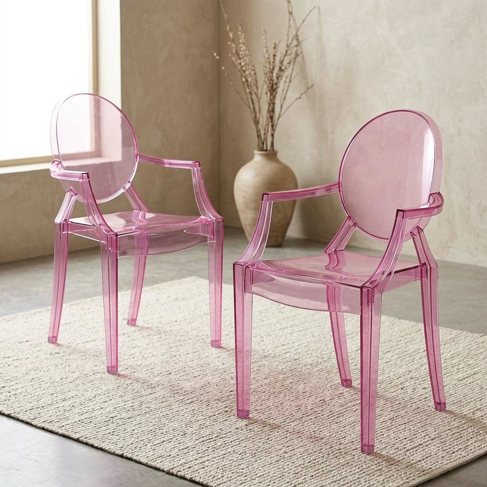 Acrylic High-Back Dining Armchairs with Arms, Pink, Set of 2