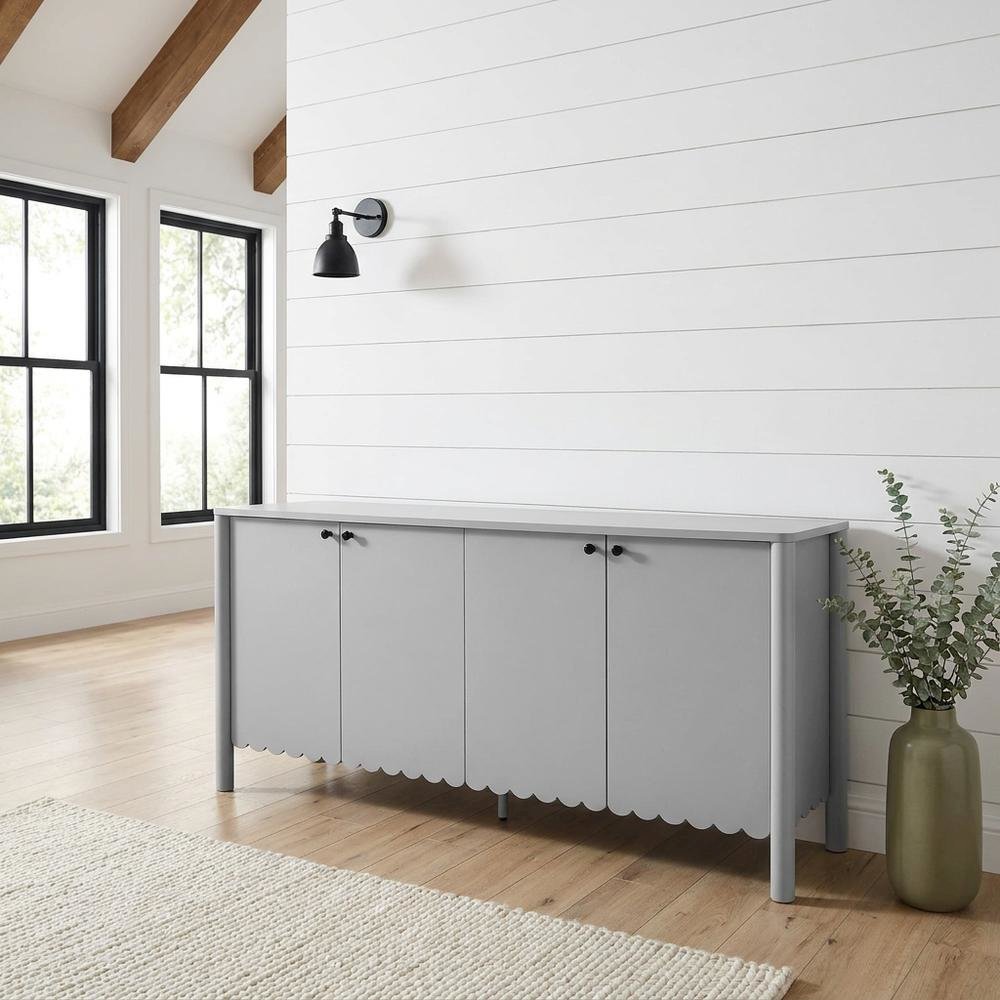 Wooden Scalloped 4-Door Sideboard Buffet Cabinet with Storage, Light Gray