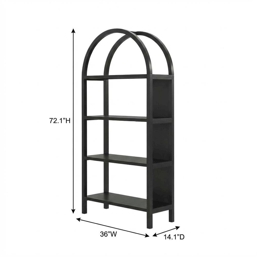 Black engineered wood bookshelf with arched top and spacious shelves