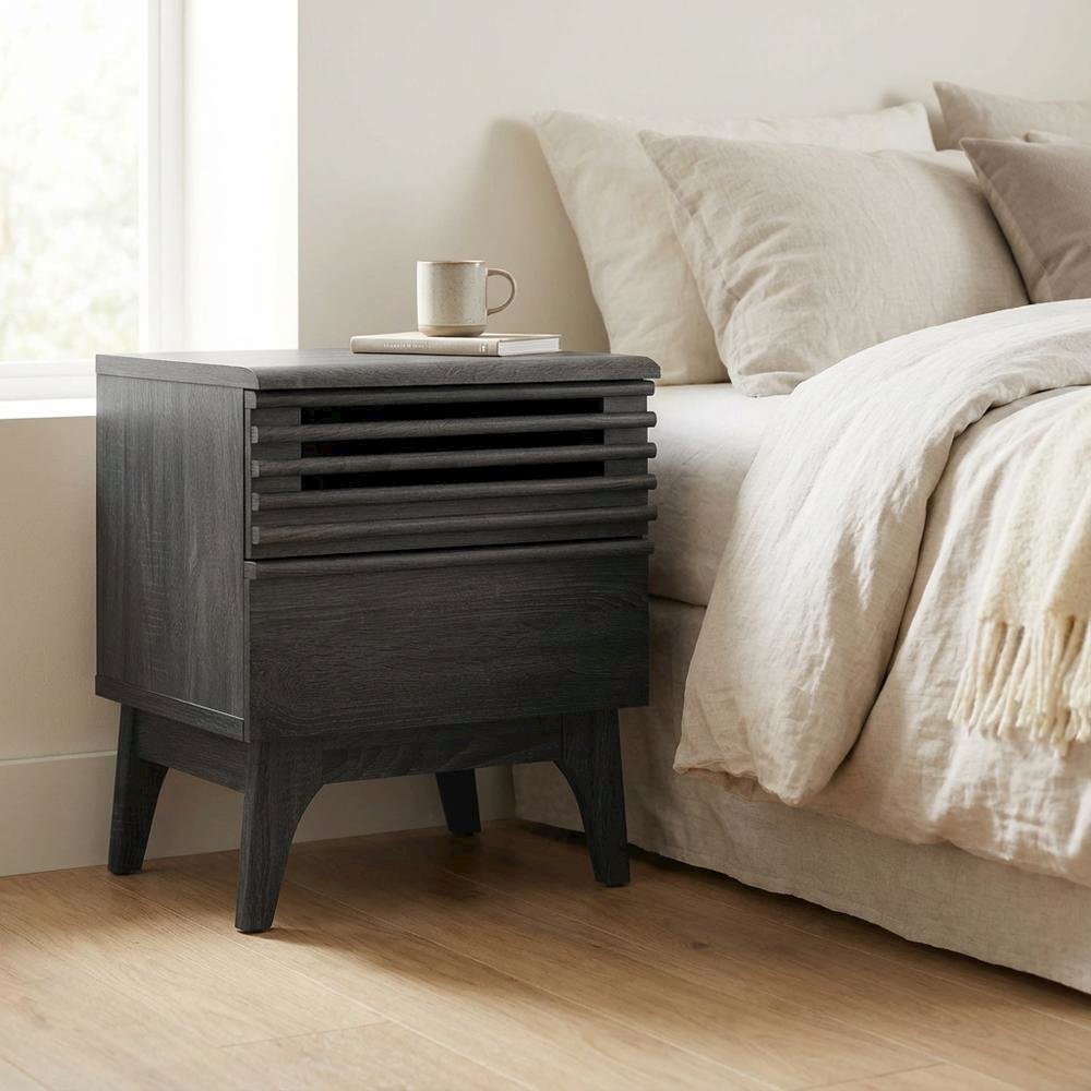 Nightstand in Gray Finish, Minimalist Design, Sturdy Base,, Versatile Storage