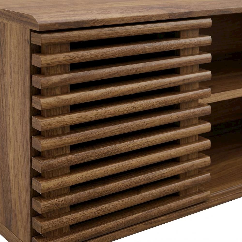 Wooden brown wall-mount TV console with sleek design and sturdy build