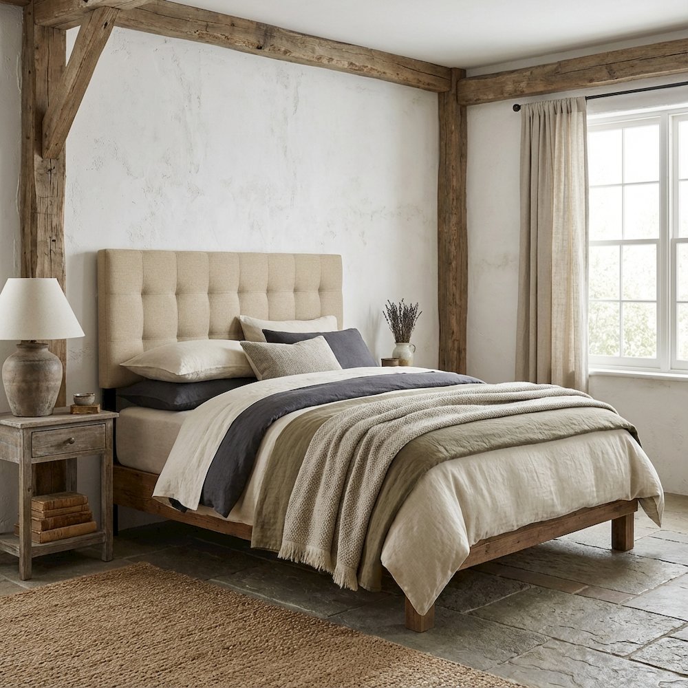 Upholstered Fabric King Headboard in Neutral Tone with Classic Design