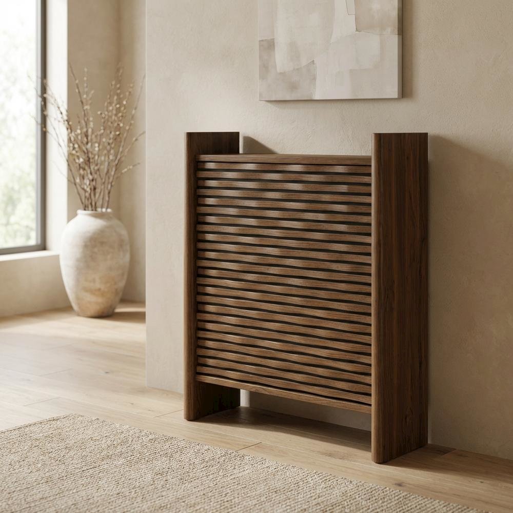 Brown Wave Shoe Cabinet, Enclosed Wood Storage, Modern Entryway Design