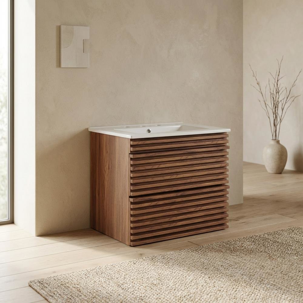 Walnut White 24-Inch Wall-Mount Bathroom Vanity with Ceramic Sink